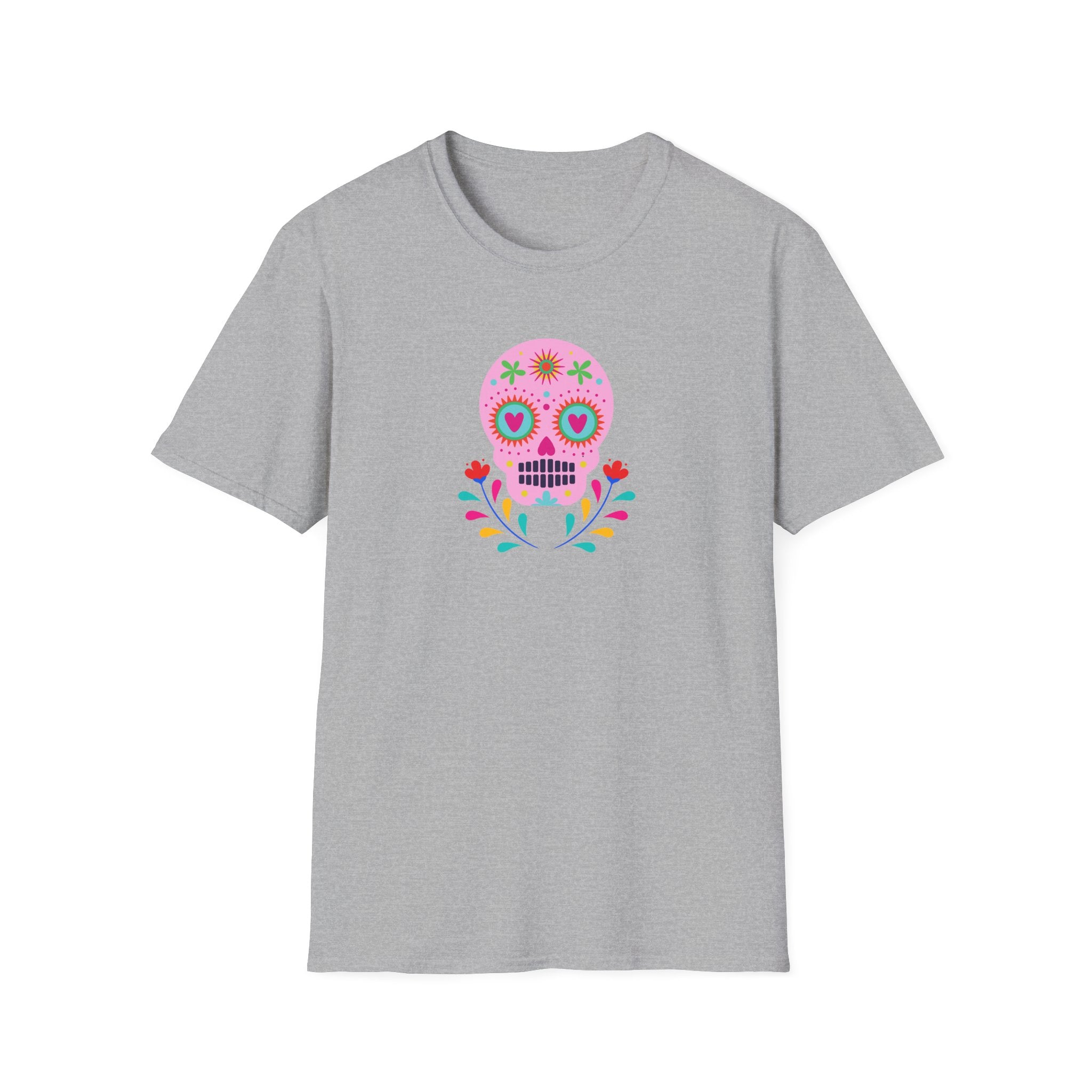 Colorful Skull Graphic T-Shirt, Day of the Dead Shirt, Unisex Softstyle Tee for Celebrations, Gifts for Her & Him