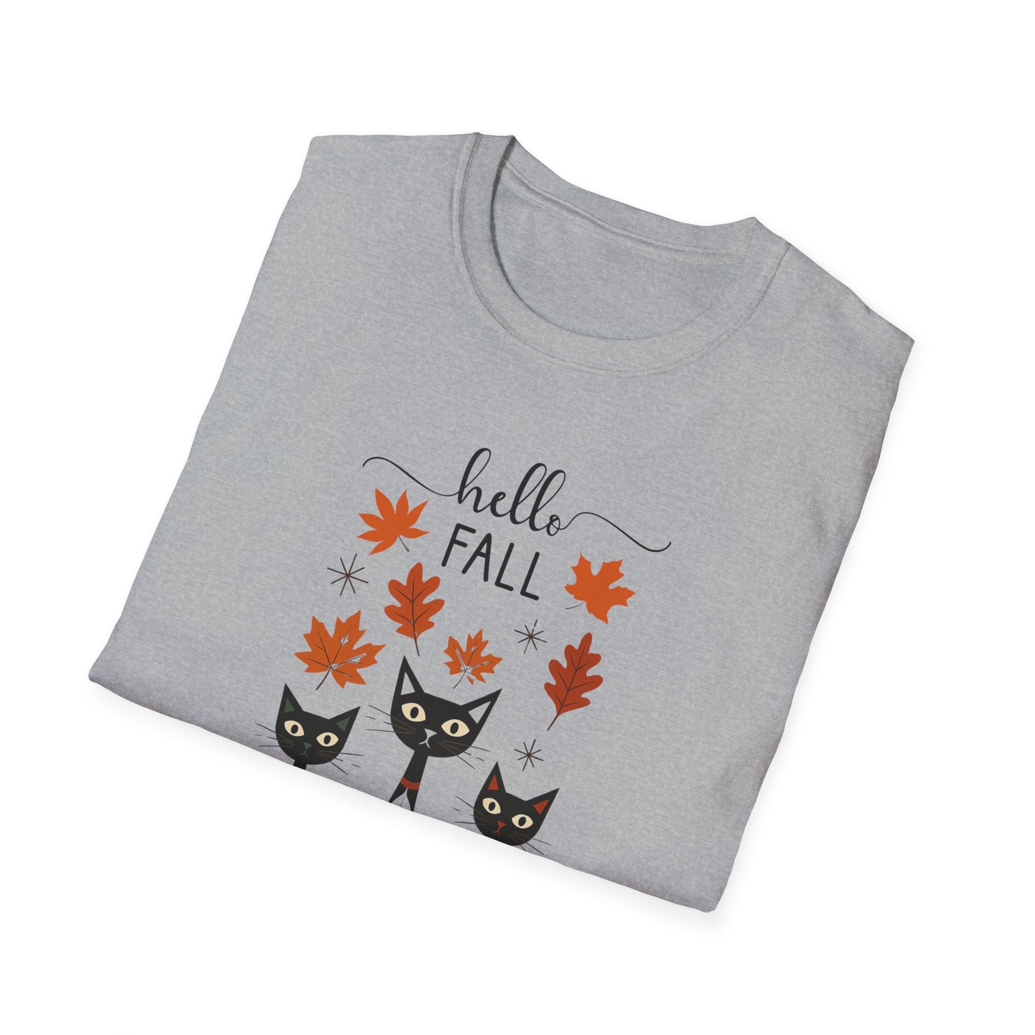 Retro Art Deco Hello Fall Cat T-Shirt, Fall Design Tee, Unisex Shirt, 60s Cat