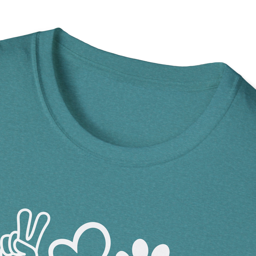 Peace Love Dog Unisex Softstyle T-Shirt, Perfect Gift for Dog Lovers, Casual Wear, Pet Lovers' Day, Adoption Events, Animal Lovers