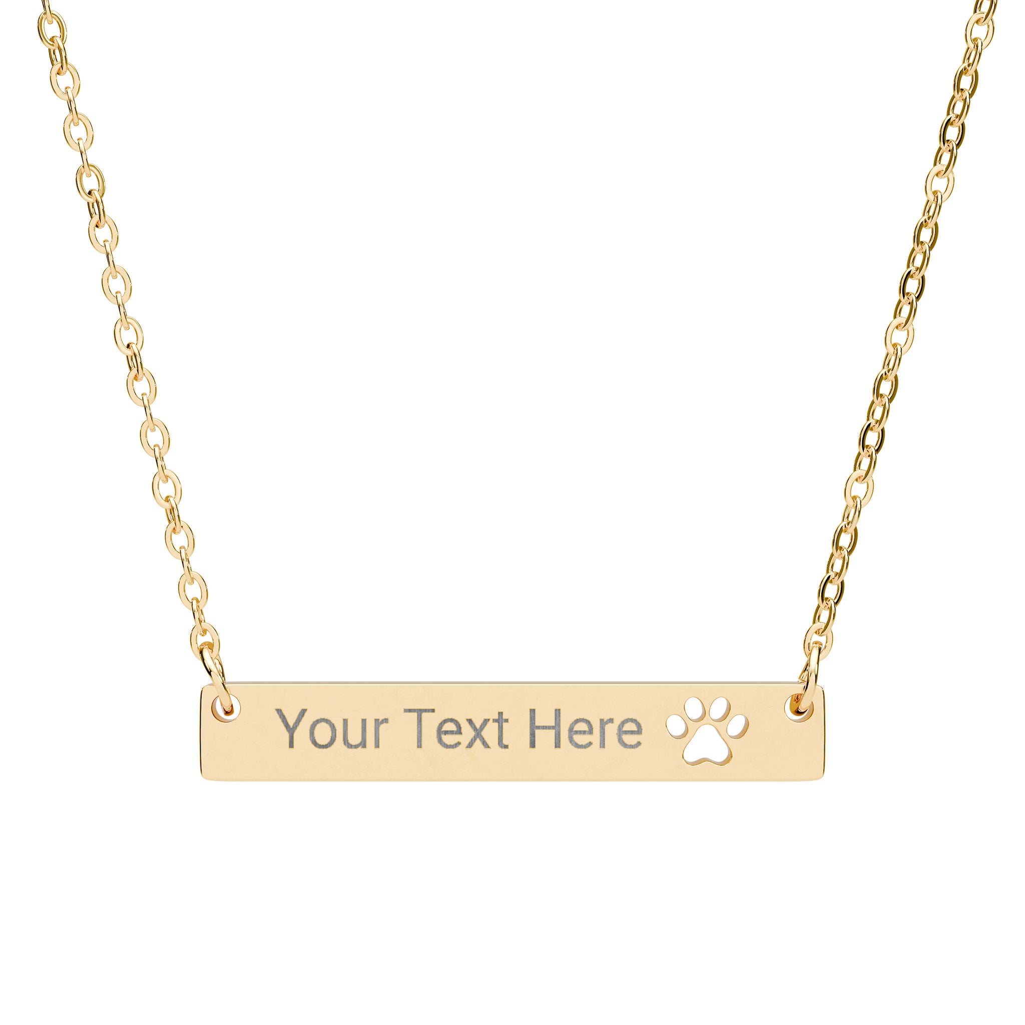 18k Gold, Cutout Paw Bar Necklace, Engraved Name Bar Pendant | Paw Print Jewelry