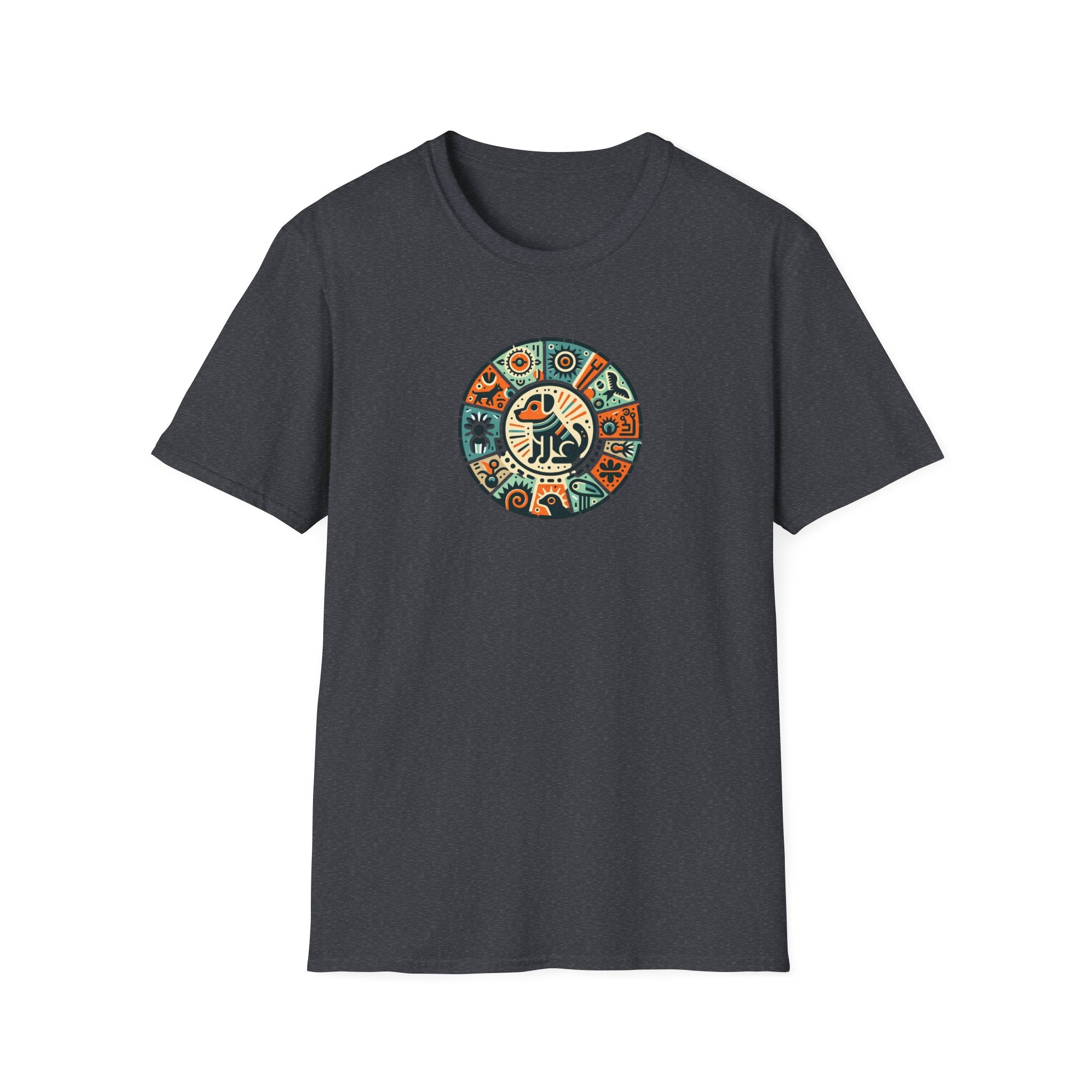 Artistic Dog Petroglyphs Unisex Softstyle T-Shirt, Bohemian Vibe, Casual Wear, Gift for Art Lovers, Vintage Style Tee