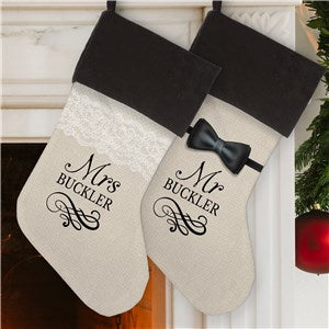 Personalized Bride Lace And Groom Bow Tie Grey Cuff Stocking Set of 2
