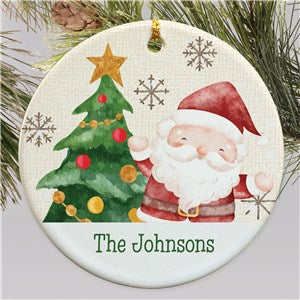 Personalized Cute Watercolor Santa and Snowmen with Family Name Round Ornament