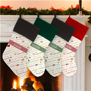 Personalize Red or Green Static Cat Christmas Word Art Stocking