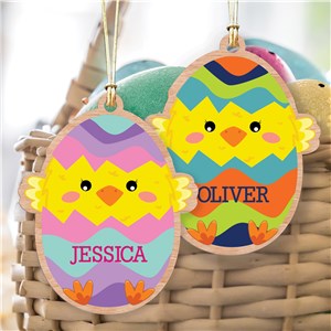 Personalized Chicks in Stiped Eggs with Name Basket Tag