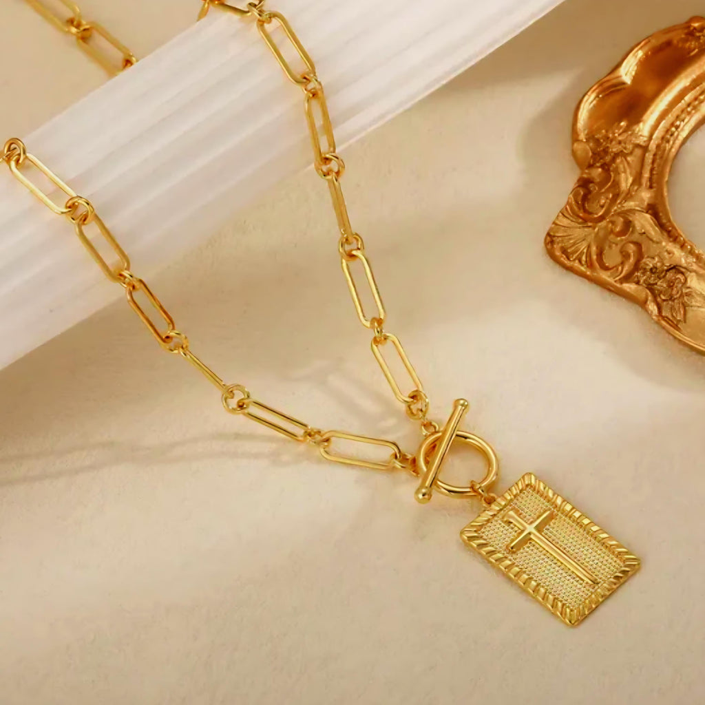 18K Gold Paperclip Cross Necklace, Gold Faith Pendant