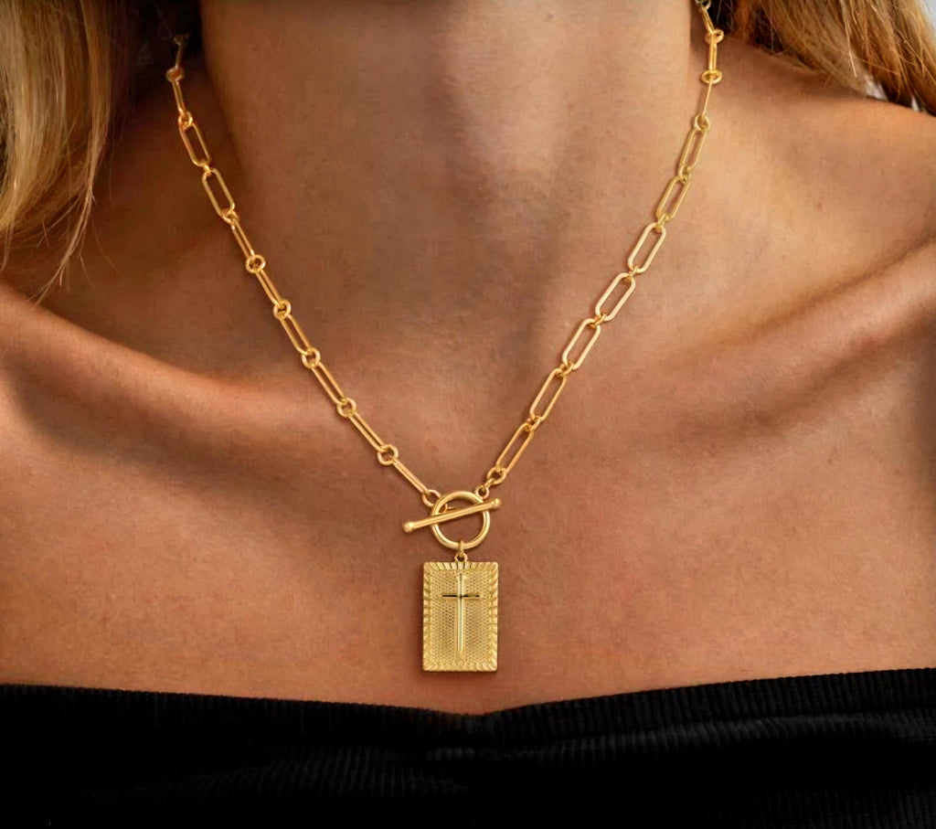 18K Gold Paperclip Cross Necklace, Gold Faith Pendant