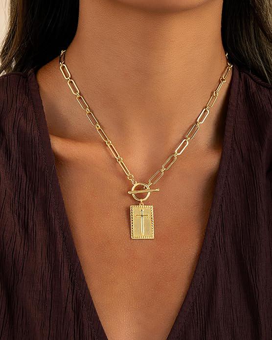 18K Gold Paperclip Cross Necklace, Gold Faith Pendant