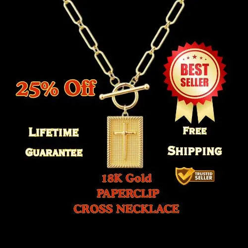 18K Gold Paperclip Cross Necklace, Gold Faith Pendant