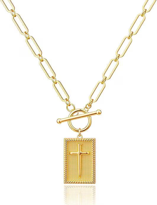 18K Gold Paperclip Cross Necklace, Gold Faith Pendant